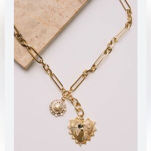 New Paperclip Chain Necklace Crystal Charms, Heart & Sun 18K Gold Plating